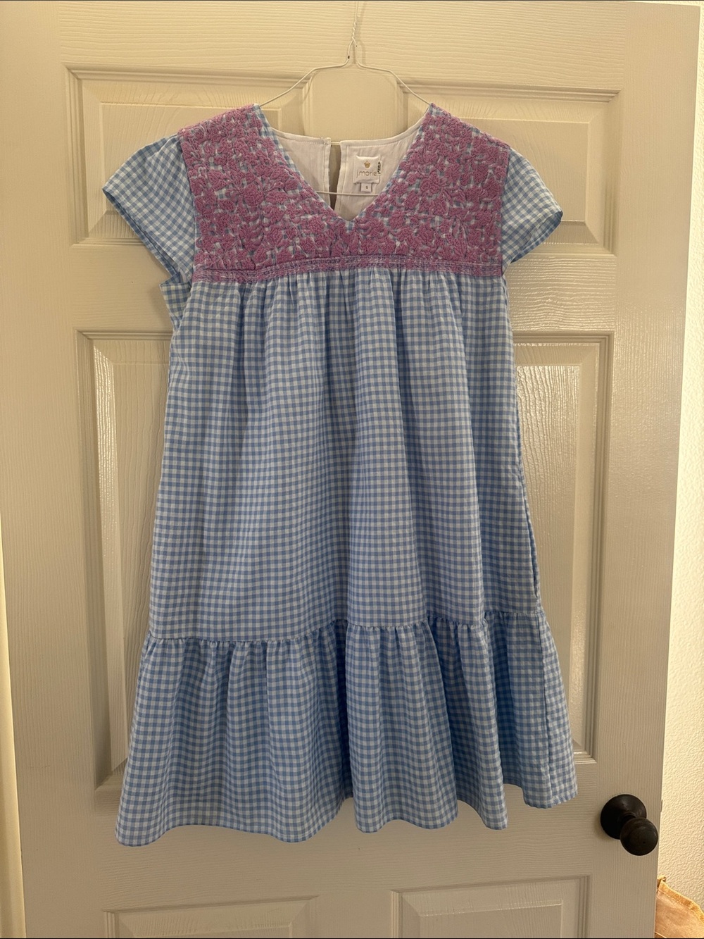 J.Marie Smocked V-Neck Gingham Dress in Blue and light purple